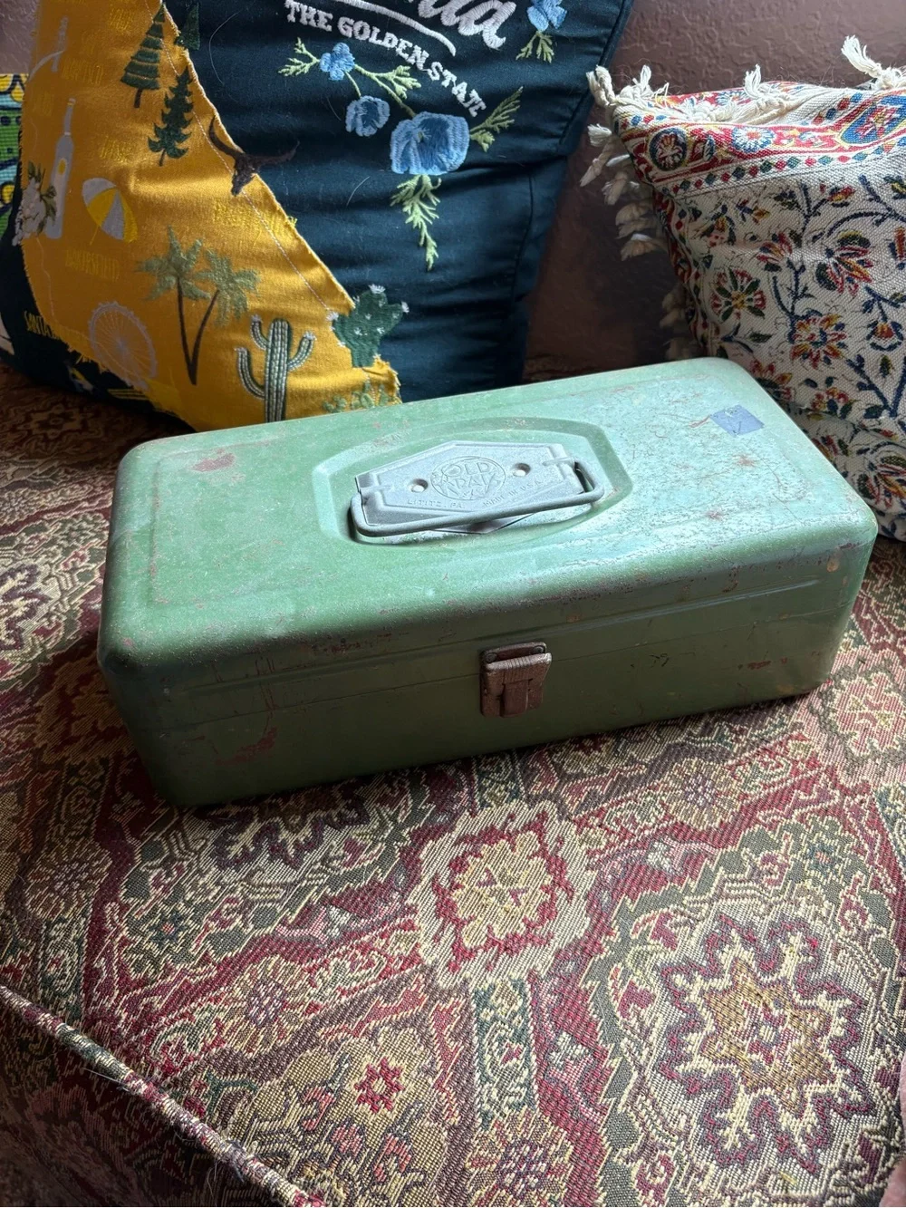 Old Pal Vintage Green Metal Tool Box with Raised Logo